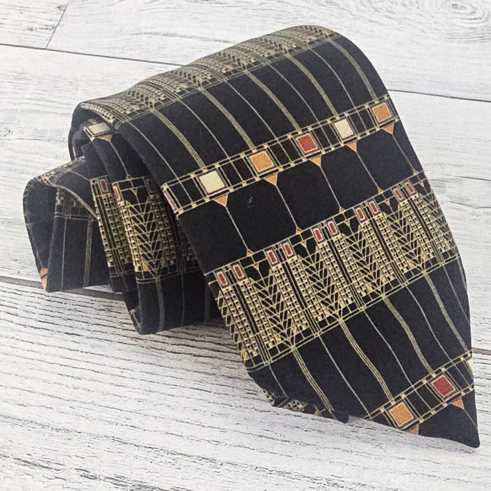 Frank Lloyd Wright Silk Tie Tree of Life Window Art Deco Italy Black 56x3.75